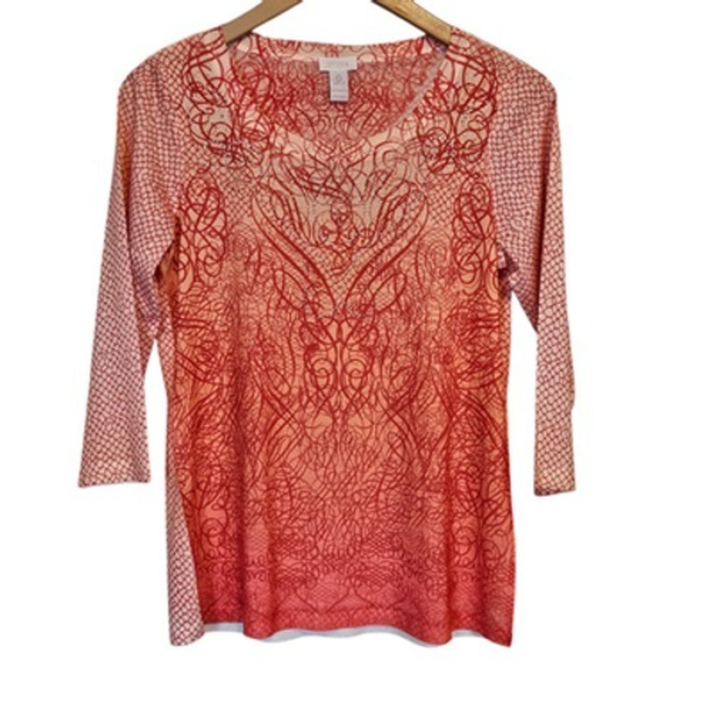 Chicos Sunset Scrolls Tuliana 3/4 Sleeve Top Blouse Chico's 0 Women's Small